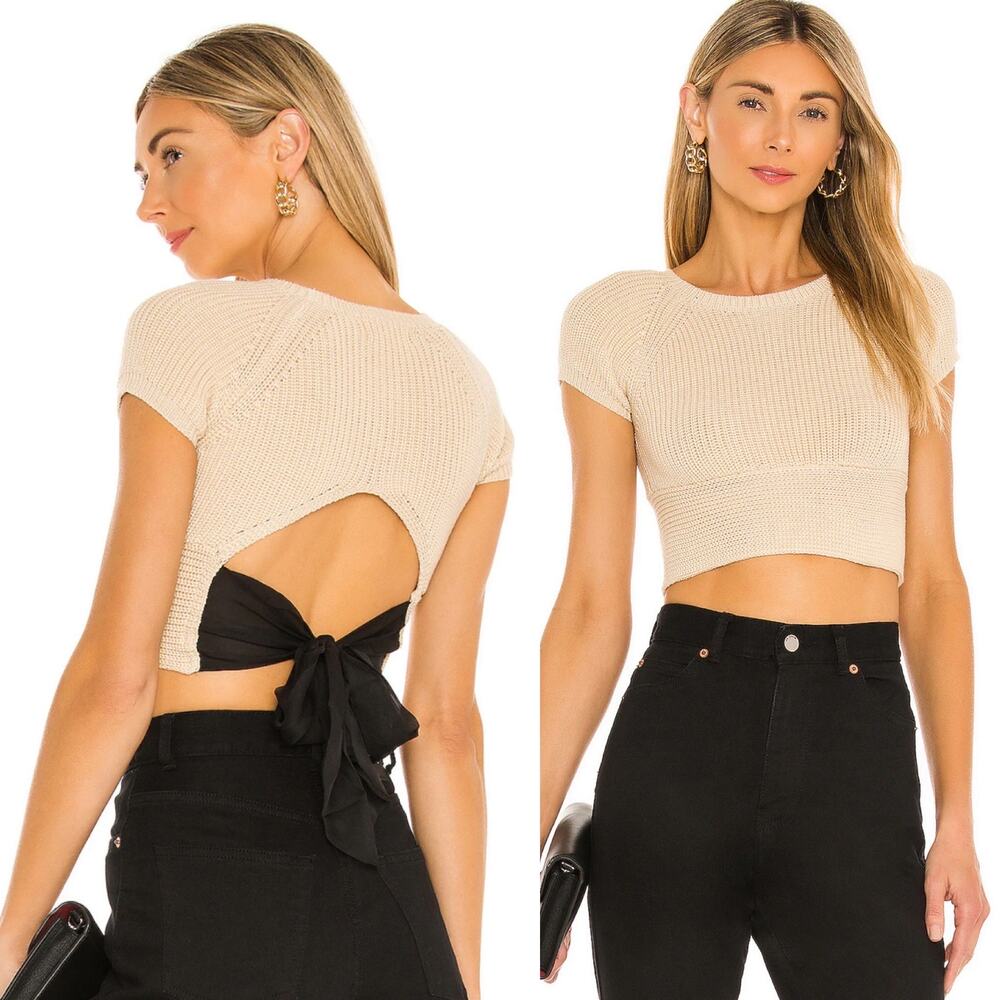 Lovers + Friends Beige Knit Tie-Back Crop Top